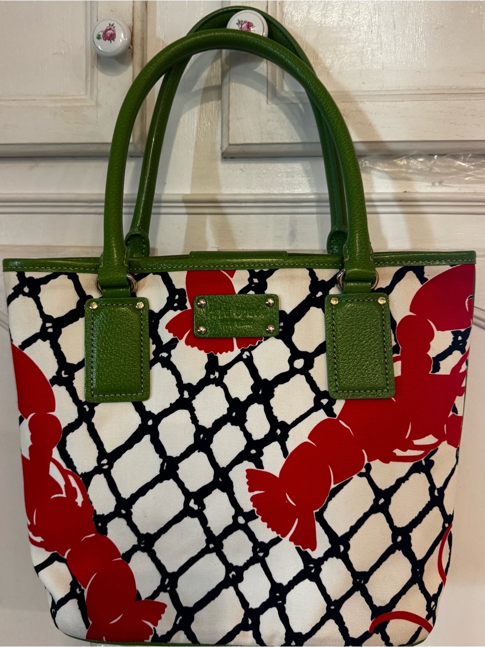 Kate Spade cape cod lobster Canvas Tote with Red Floral Print and Green Trim